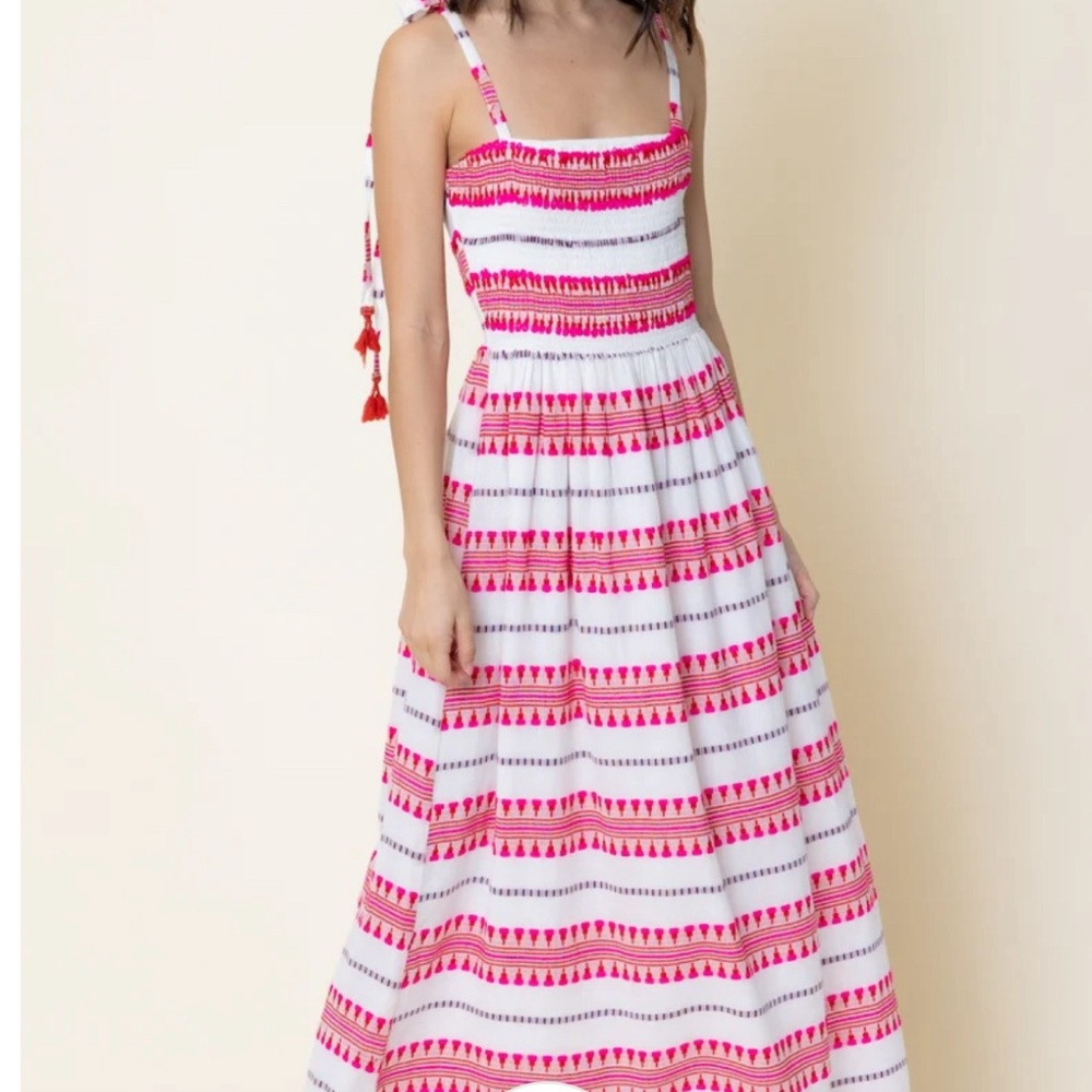 EN CRÈME EMBROIDERED STRIPED TASSEL MAXI DRESS